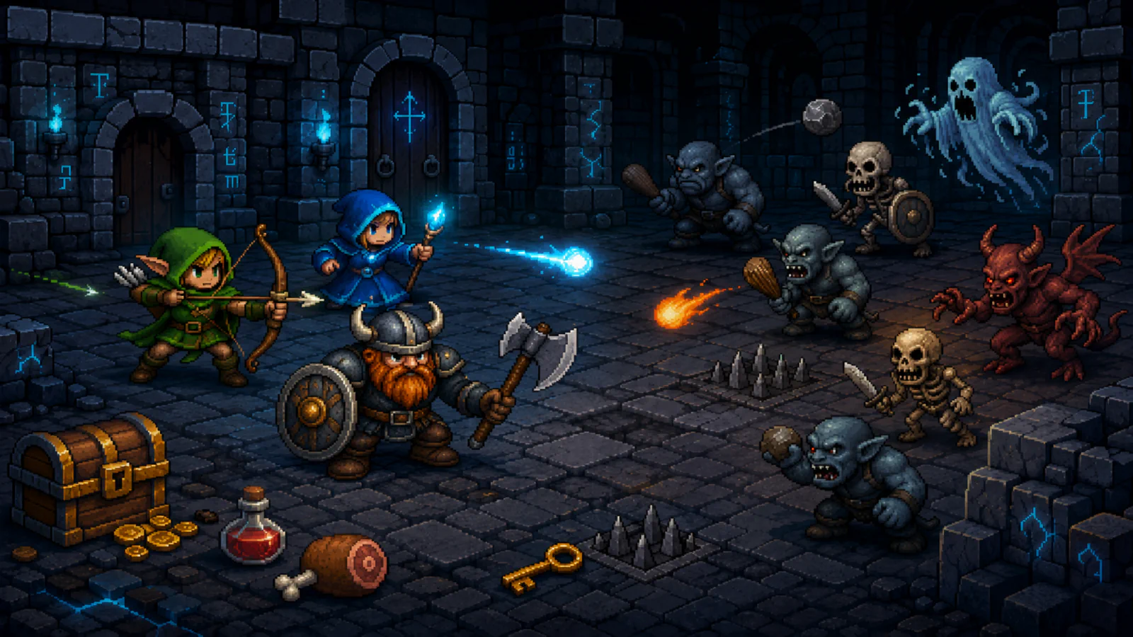 Dungeons Level Up heroes fighting enemies in a pixel-art dungeon